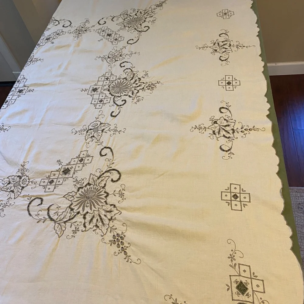 Vintage European Embroidered Floral Grape Vines Tablecloth 65